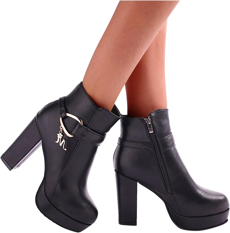 woobles Winter Boot for Women,Women Round Toe Platform Booties Ladies Cute Chunky High Heel Snow Ankle Boot Wedge Zipper Slip On Boot Causal Walking Dress Shoe, Black-1, 7 - Image 3